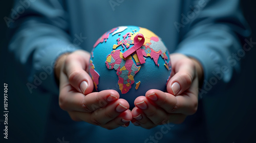 Wallpaper Mural World cancer day February 4. Hand holding colorful awareness ribbons on world map. Healthcare and medical concept Torontodigital.ca