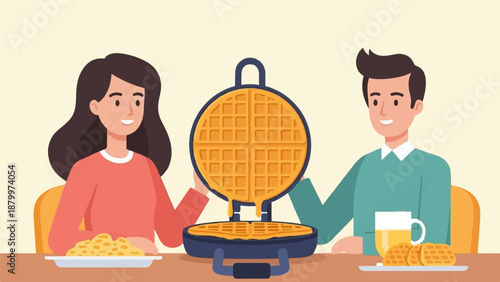 Couple enjoys freshly made waffles at a breakfast table