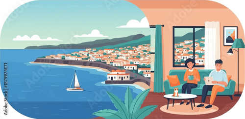 Couple relaxes indoors with a view of a seaside town and sailboat