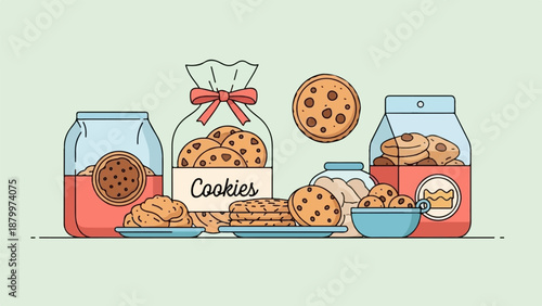 Collection of cookies in jars, bags, and bowls, some stacked on plates
