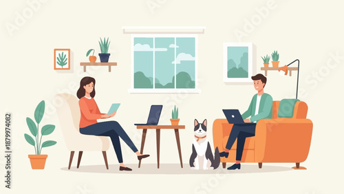 Cozy interior scene with people and pet working on laptops