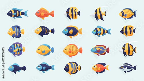 Collection of colorful, stylized pixelated fish on a light blue background