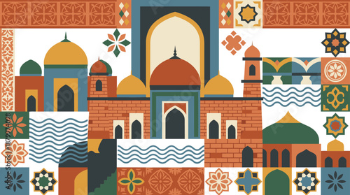 Vibrant Islamic architecture with colorful geometric patterns and domes