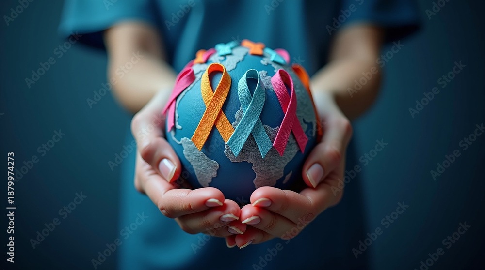custom made wallpaper toronto digitalWorld cancer day February 4. Hand holding colorful awareness ribbons on world map. Healthcare and medical concept