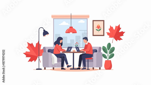 Cozy interior scene with two people working on laptops, autumn decor