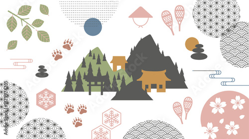 Serene mountain landscape with traditional Japanese temple and nature elements