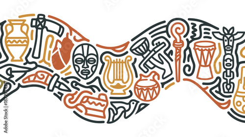 Vibrant illustration of African cultural symbols and musical instruments