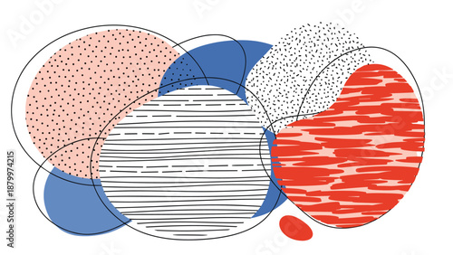 Modern abstract composition of overlapping oval shapes filled with different hand-drawn textures and colors like red and blue.