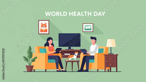 Couple relaxing at home, celebrating World Health Day with pets