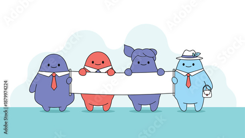 A group of four cute and colorful blob characters dressed in professional attire holding a blank white banner for your text.