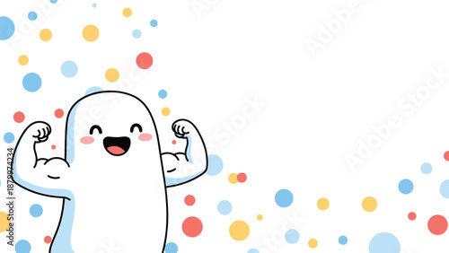 A cute and happy ghost character flexing its muscular arms against a background with colorful confetti dots and copy space.