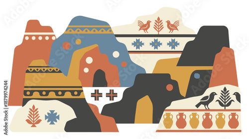 Vibrant desert landscape with abstract rock formations and pottery