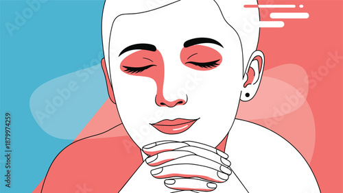 A serene person with closed eyes and clasped hands in a moment of prayer or peaceful contemplation on an abstract background.