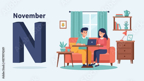 Couple working together on laptop in a cozy room, with November text