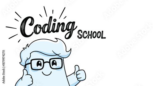 A friendly cartoon character with glasses giving two thumbs up next to the text 'Coding School', promoting programming education.