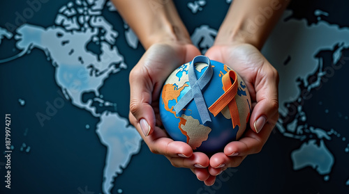 Wallpaper Mural World cancer day February 4. Hand holding colorful awareness ribbons on world map. Healthcare and medical concept Torontodigital.ca