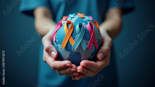 Wallpaper Mural World cancer day February 4. Hand holding colorful awareness ribbons on world map. Healthcare and medical concept Torontodigital.ca