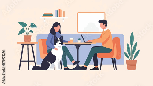 Couple and dog work on laptop and relax on sofa in cozy room