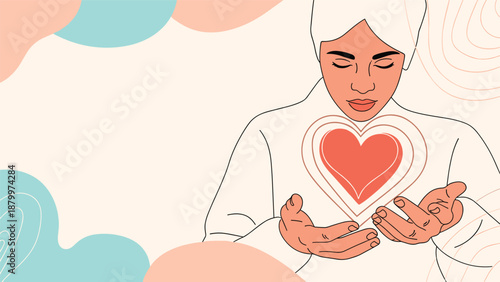 A person with closed eyes holding their hands out to a floating heart, representing self-love, compassion, and mindfulness.