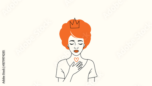 A minimalist line art illustration of a woman with a crown and her hand on her heart, symbolizing self-love and self-esteem.