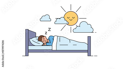 A man sleeping peacefully in his bed while a cute, smiling sun rises outside the window, illustrating a good morning and rest.