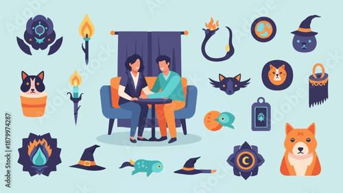 Couple sitting at a table surrounded by various illustrated icons