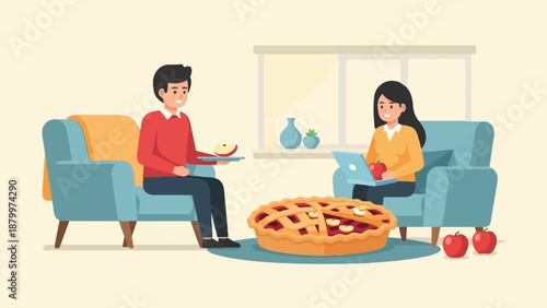 Couple relaxing at home with a pie and fruit, one on a laptop