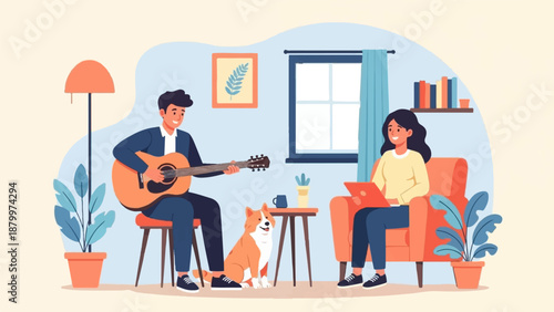 Couple relaxing at home with dog, one plays guitar, other uses laptop