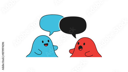 Two cute blob monsters having a conversation with speech bubbles, a colorful and simple illustration representing communication and dialogue.