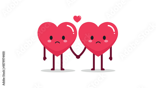 Two sad heart characters with crying faces holding hands, a cartoon illustration representing relationship problems, heartbreak, or empathy.