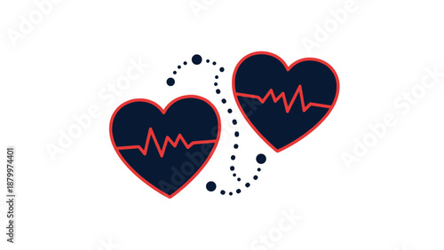 Two hearts connected by a dotted line, each showing a heartbeat EKG signal, a concept illustration for love, connection, and health.