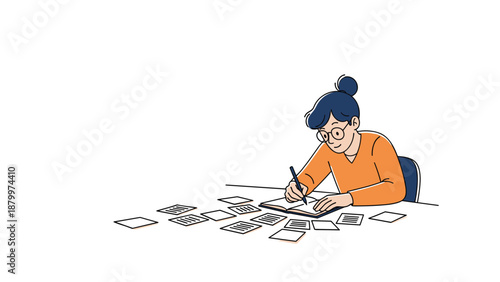 Young woman with glasses writing in a notebook at her desk, organizing notes for studying, planning, or creative work in a simple style.