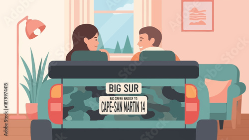 Couple sitting on couch viewing landscape through window