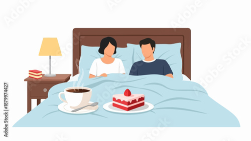 Couple in bed with coffee and cake
