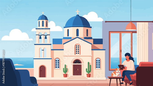 Cozy interior view of a woman with dog working on laptop, ocean and church facade