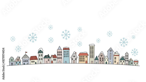 Hand-drawn cityscape of a cute and colorful town in winter with falling snow, a whimsical and charming doodle-style panoramic illustration.