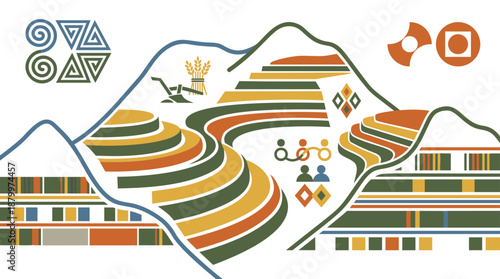 Vibrant mountain landscape with abstract shapes and patterns