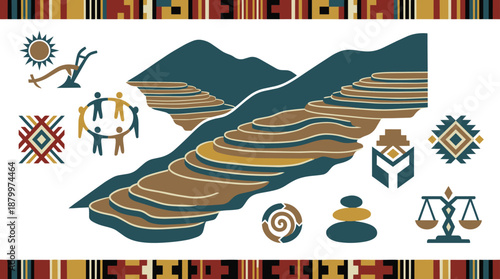 Vibrant illustration of Grand Canyon with cultural symbols and patterns