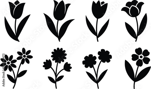 Variety of eight black floral silhouettes featuring tulips and charming multi petal daisy shapes