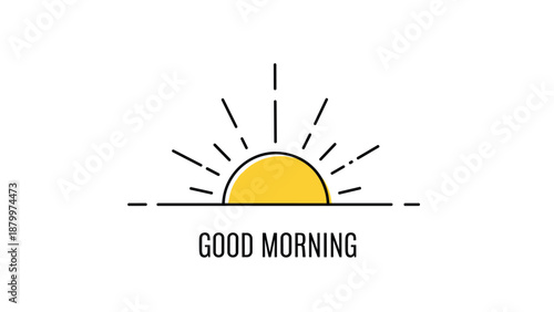 Minimalist good morning icon with a rising sun and rays, a simple and clean line art design for a fresh and positive start to the day.