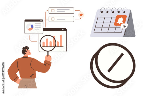 Data analysis, project planning, reminders setup, financial tracking, time management, task prioritization. Person analyzing data, calendar notification progress chart. Data analysis and project