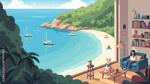 Cozy interior with dog overlooks a tropical beach with sailboats