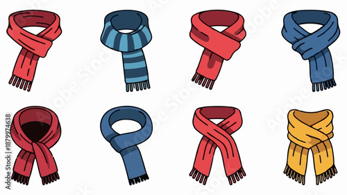 Collection of eight colorful scarves with fringe, arranged in two rows