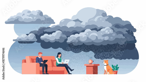 Couple works remotely on couch under stormy skies with dog