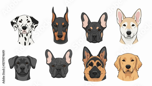 Collection of eight distinct dog breed portraits in a graphic style