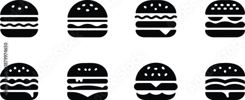 Variety of eight black hamburger icons with different topping combinations presented on a clean white field