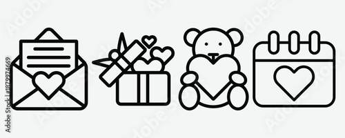 A delightful collection of romantic line art icons for Valentine's Day celebrations, featuring love letters, gift boxes, teddy bears, and special date markers