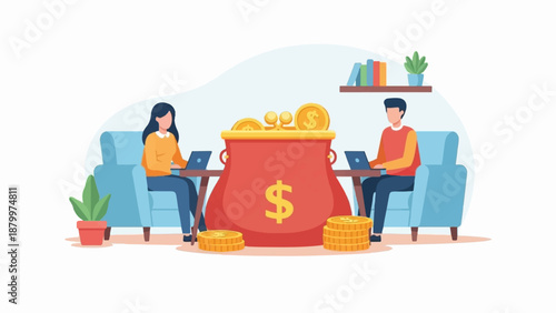 Couple works remotely with a large money bag and coins between them