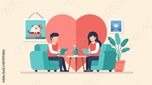 Couple in cozy room with heart backdrop, receiving counseling