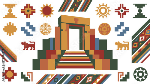 Vibrant geometric illustration of ancient temple with symbolic motifs